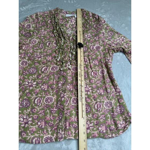 Soft Surroundings Top Womens Small Green Purple Floral Ruffle V Neck Button Down - Picture 12 of 14